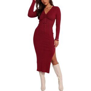 Petal & Pup Irene Long Sleeve Sweater Dress - Wine - XS